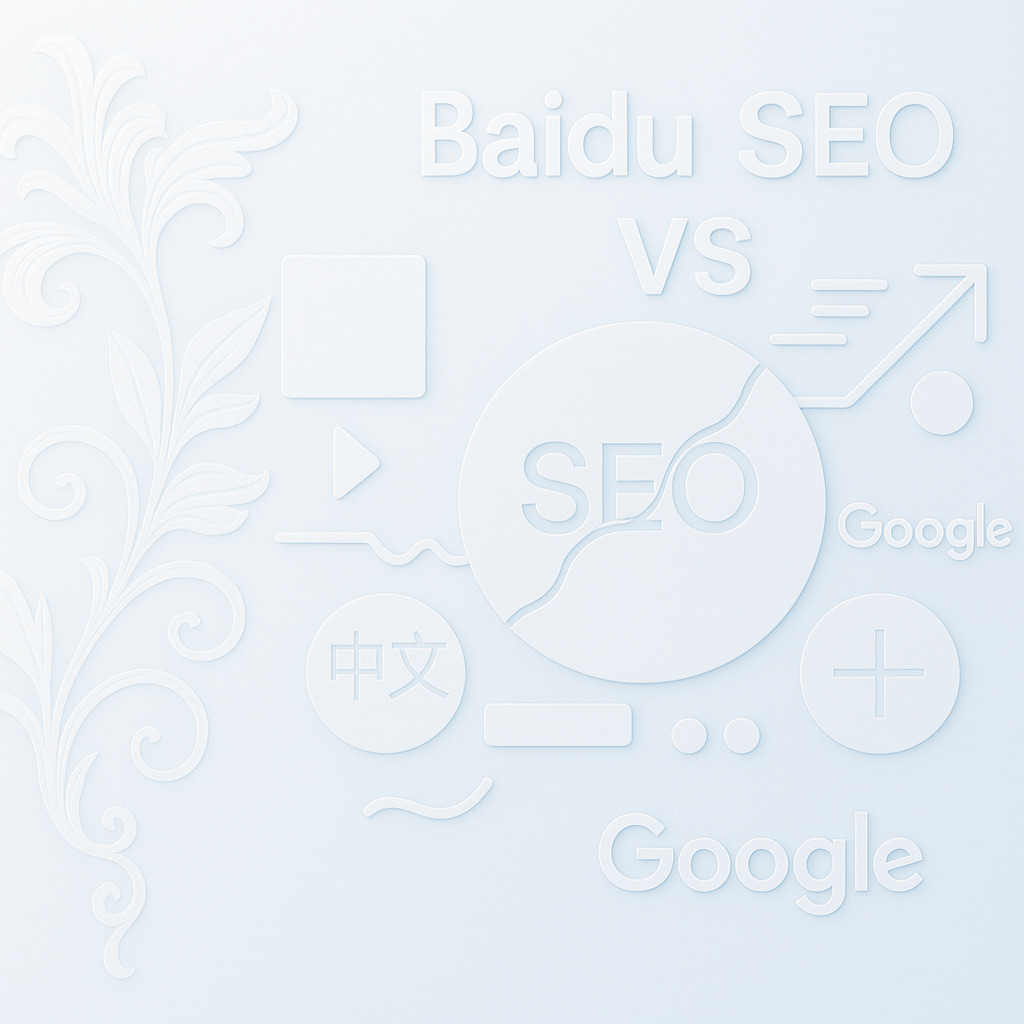 Embossed digital illustration comparing Baidu SEO and Google SEO with minimalist symbols and bilingual elements.