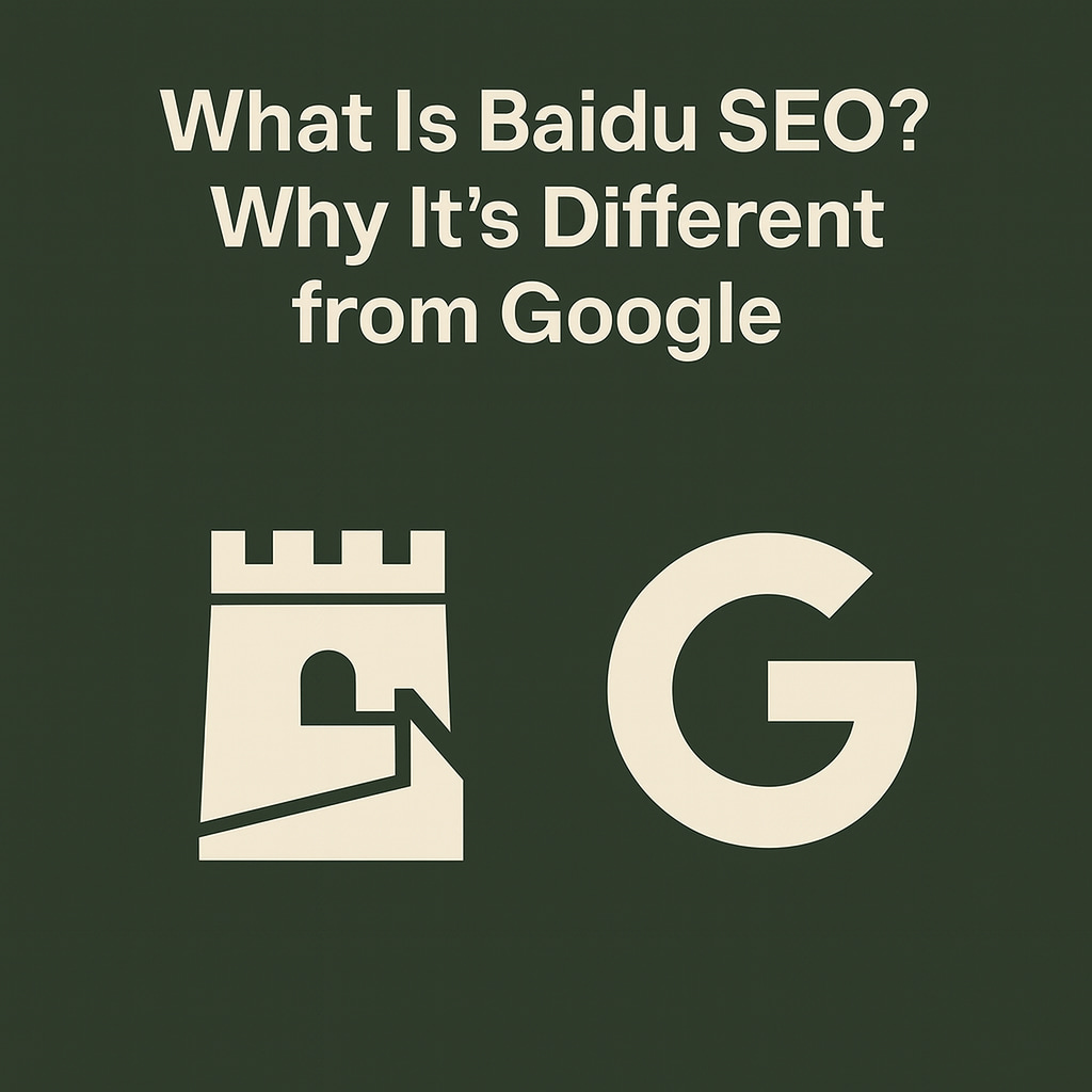 Graphic showing Baidu SEO vs Google SEO in minimalist style, on dark green background