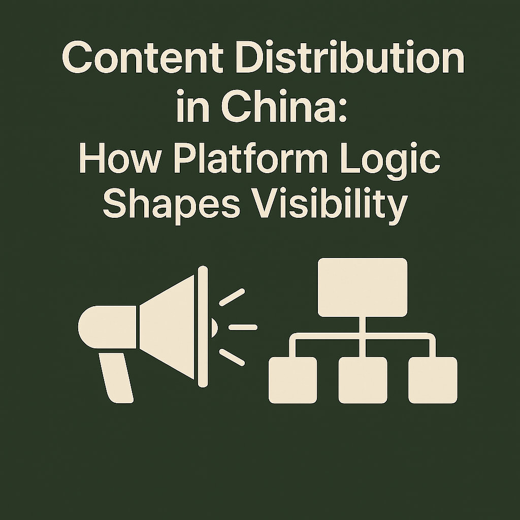 A stylized dark green graphic showing content visibility and platform logic in China’s digital ecosystem