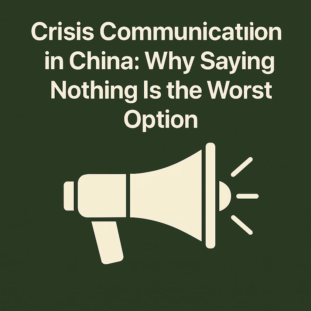Dark green graphic image with a megaphone icon and the title “Crisis Communication in China: Why Saying Nothing Is the Worst Option”