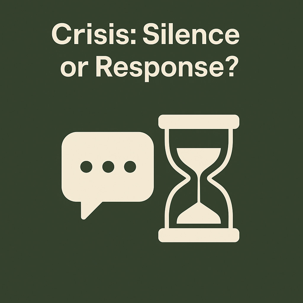 Flat digital illustration representing a calm, strategic crisis response by a public figure, in olive green tones