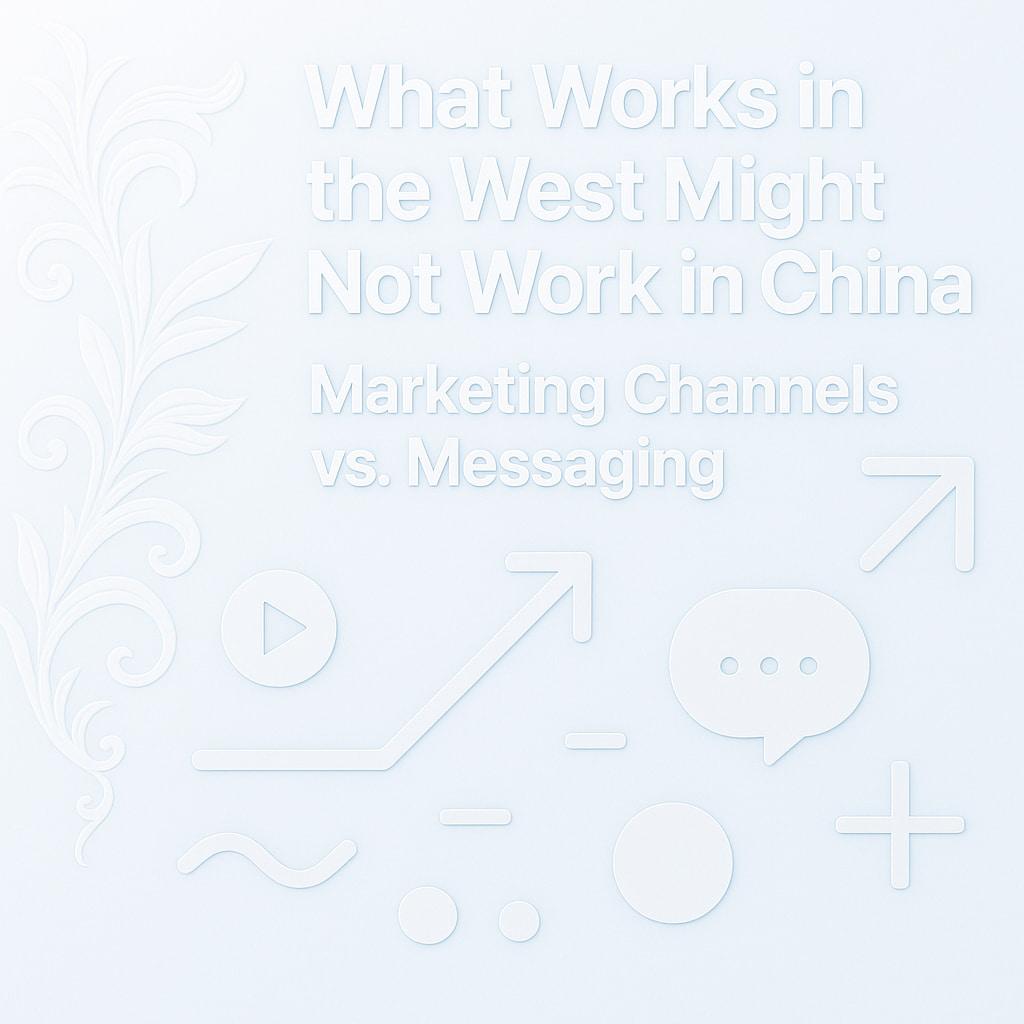 Embossed style graphic with the text “What Works in the West Might Not Work in China” and visual icons representing marketing channels and messaging.