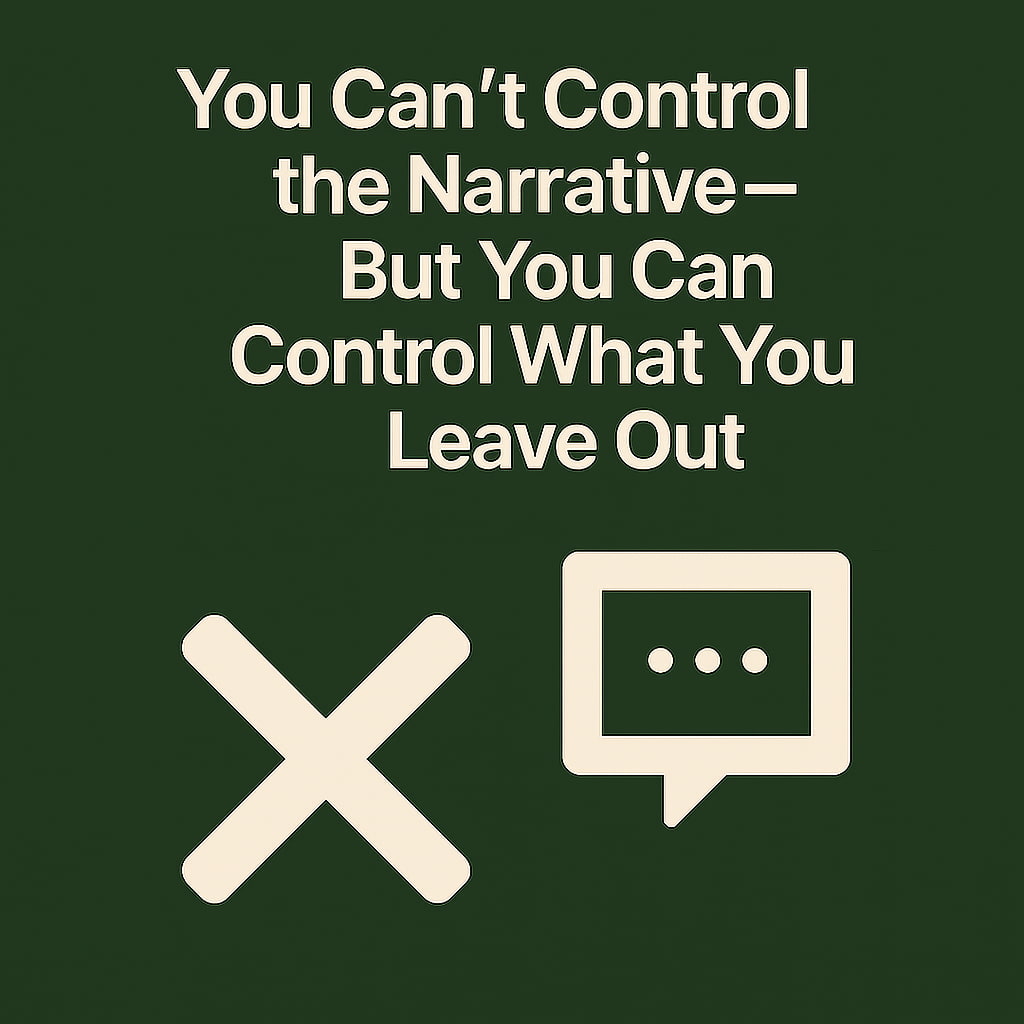 极简风格图案，深橄榄绿色背景，上方为文字“You Can’t Control the Narrative—But You Can Control What You Leave Out”，下方为一个叉号和一个对话框图标。