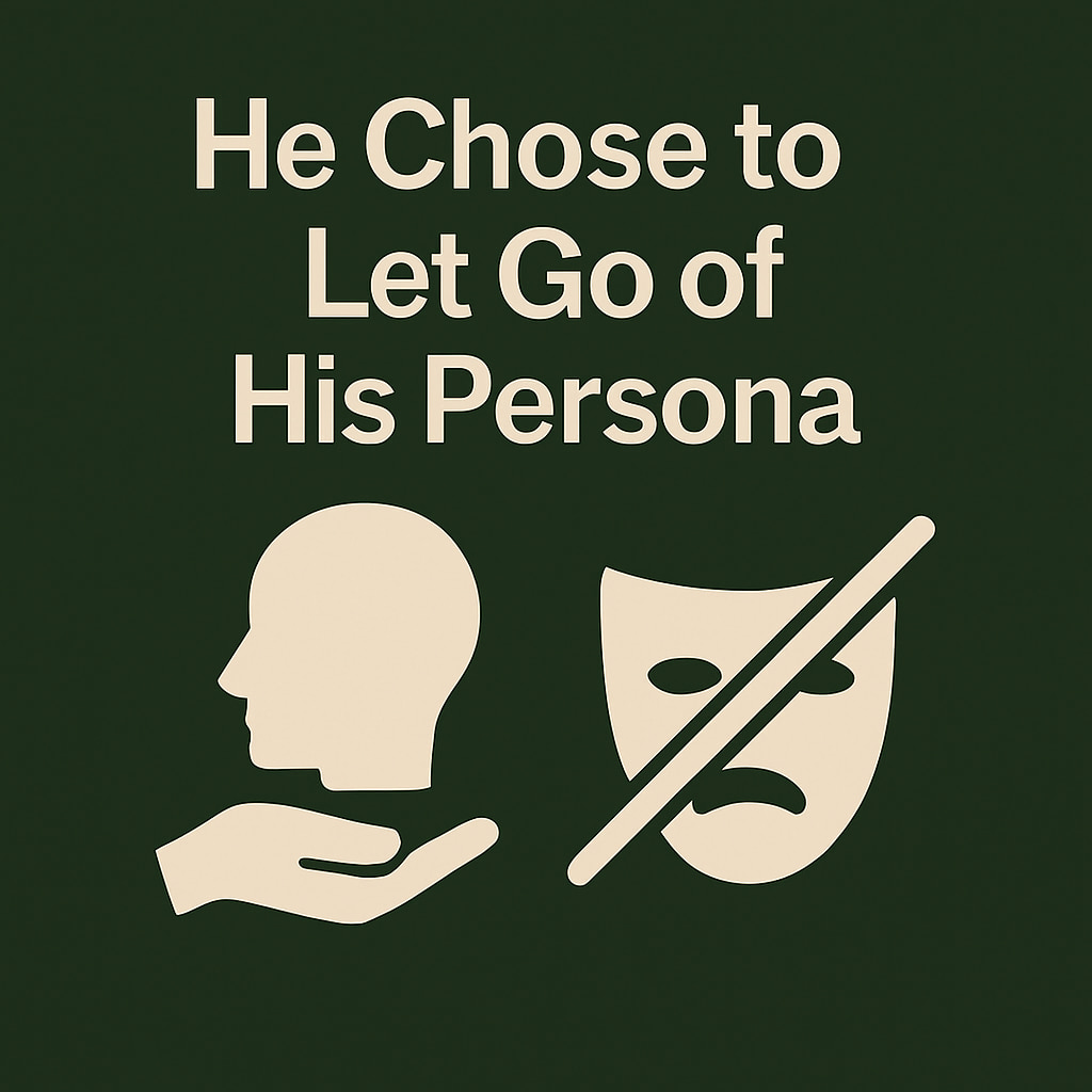 Dark green background with beige text “He Chose to Let Go of His Persona” and icons of a head over a hand and a crossed-out theatrical mask