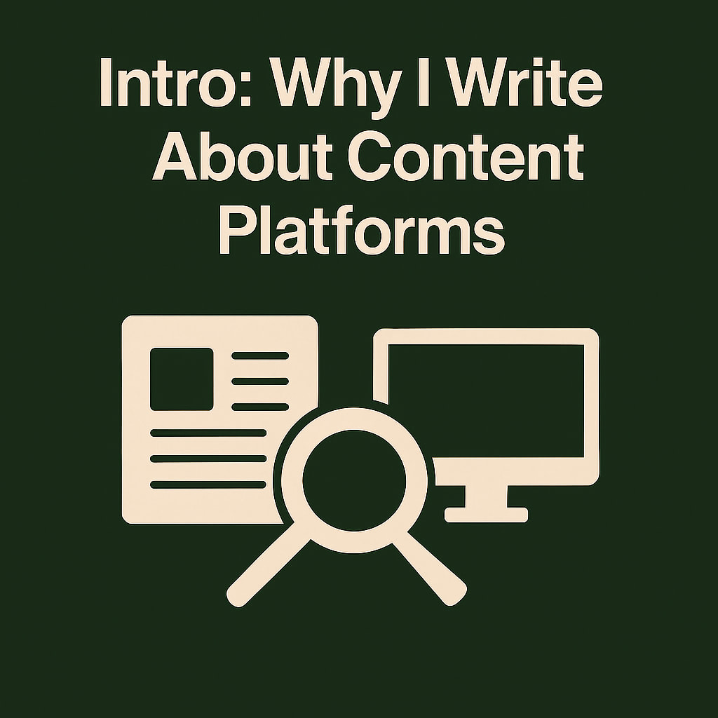 深绿色背景下的扁平图像，标题为“Intro: Why I Write About Content Platforms”，图案为内容方框堆叠与雷达图标，象征内容发布与平台可见性之间的关系。