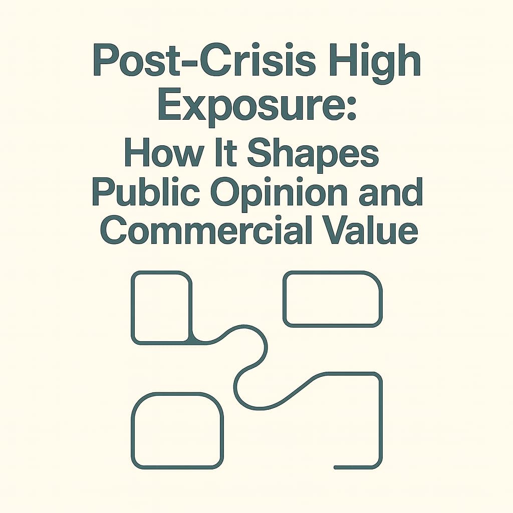 Abstract graphic illustrating how high exposure after a crisis shapes public opinion and commercial value, featuring minimalist connected shapes in green on a beige background.
