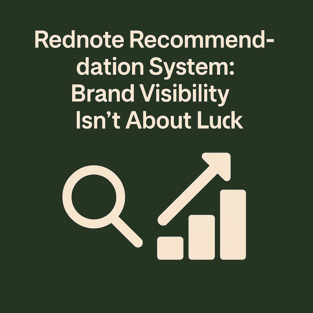Graphic design with dark green background and beige icons, showing a flowchart and a magnifying glass, with the text "Rednote Recommendation System: Brand Visibility Isn’t About Luck."