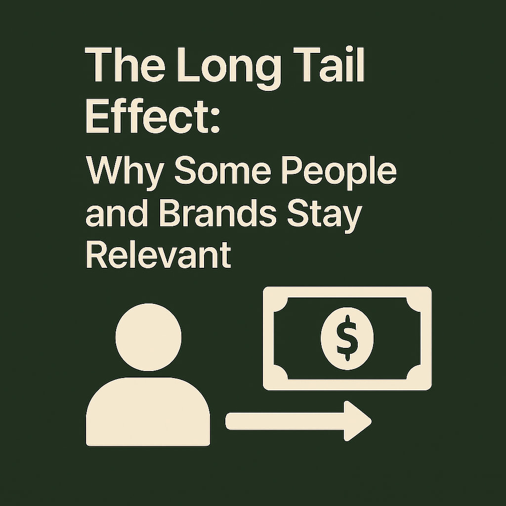 深绿色背景的极简风格配图，米色文字写着“The Long Tail Effect: Why Some People and Brands Stay Relevant”，配有人物图标和箭头指向纸币的图案。
