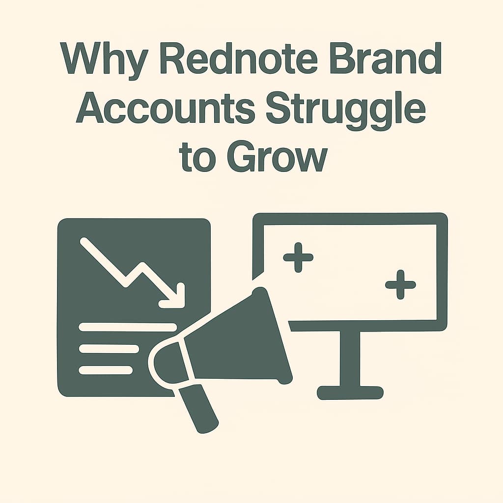 Cover image for the article “Why Rednote Brand Accounts Struggle to Grow,” featuring dark gray icons of a chart, megaphone, and monitor on a light beige background.