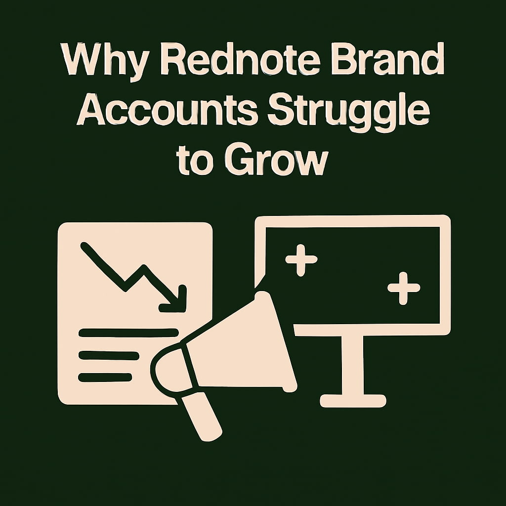 Minimalist graphic showing a declining chart, a megaphone, and a billboard icon, symbolizing why Rednote brand accounts struggle to grow.
