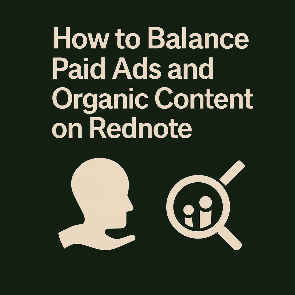 Rednote paid ads vs organic content graphic, dark green background with megaphone icon for ads and document icon for organic posts.