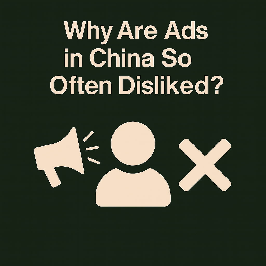 Minimalist graphic with the text “Why Are Ads in China So Often Disliked?” above icons of a megaphone, a person, and an X symbol, on a dark green background.