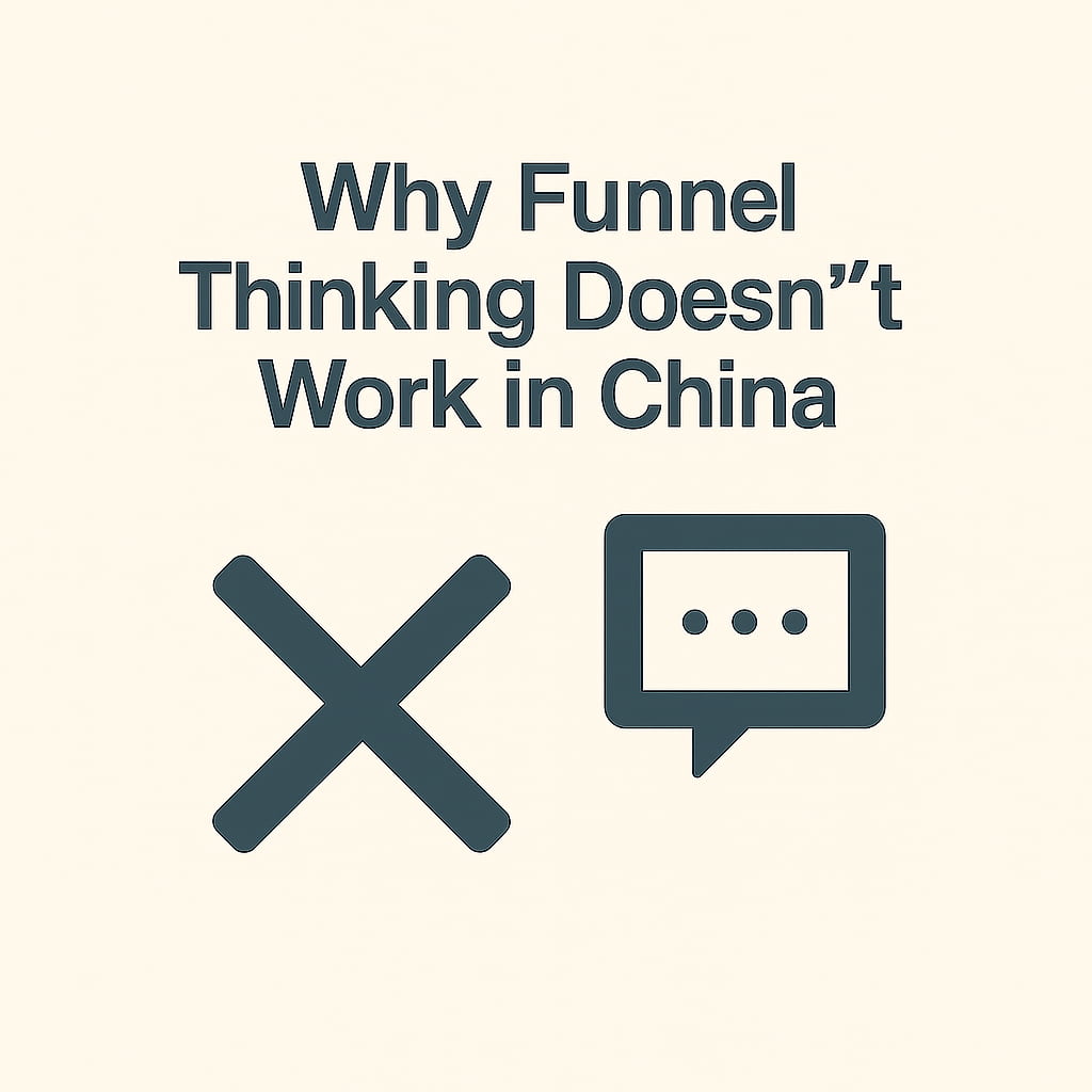 “Cover image for the article ‘Why Funnel Thinking Doesn’t Work in China’ — minimalist beige background with an X icon and a speech bubble, representing communication logic differences.”