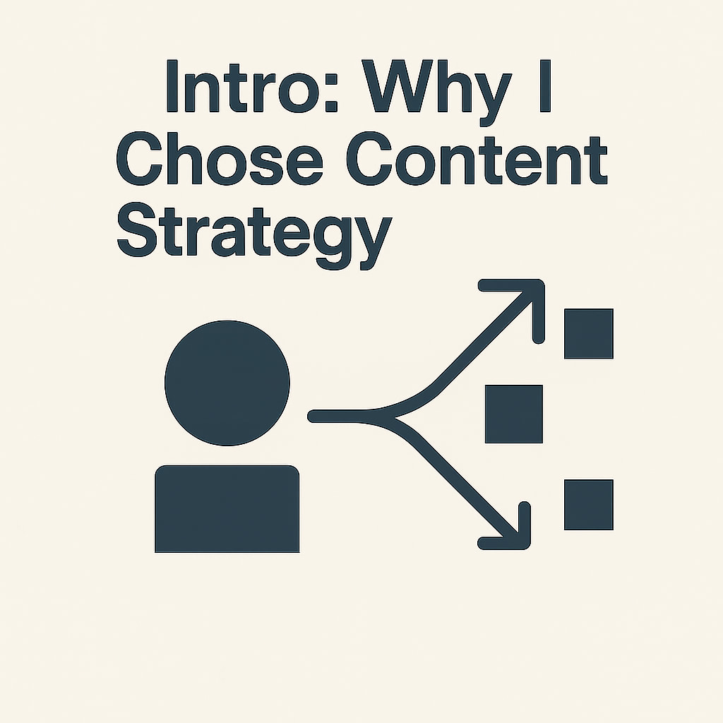 Minimalist square graphic for “Intro: Why I Chose Content Strategy,” featuring abstract geometric shapes symbolizing clarity and structure, in dark gray on a beige background.
