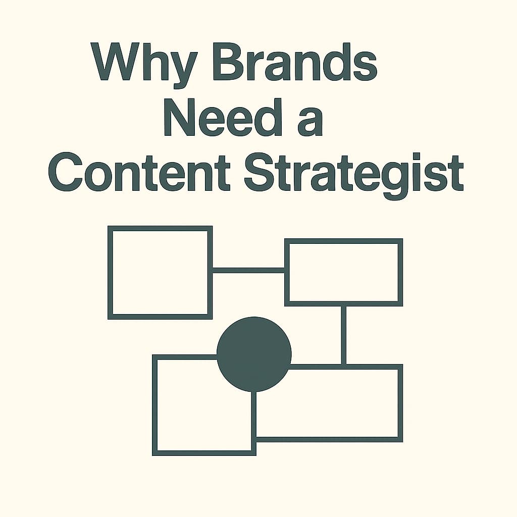 Abstract graphic illustrating structure and integration for the article “Why Brands Need a Content Strategist”, featuring connected geometric shapes in a modern minimalist style.