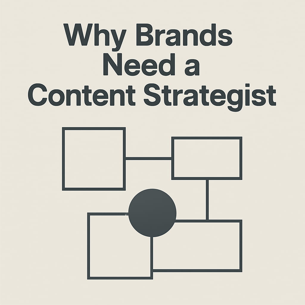 Abstract graphic illustrating structure and integration for the article “Why Brands Need a Content Strategist”, featuring connected geometric shapes in a modern minimalist style.