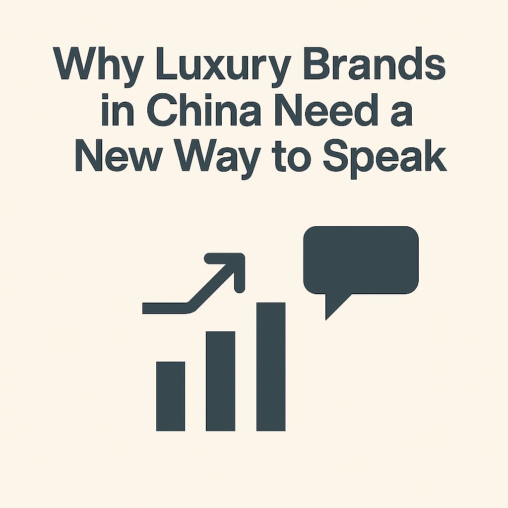 Minimalist beige and navy cover for “Why Luxury Brands in China Need a New Way to Speak,” featuring an upward arrow linked to a speech bubble, symbolizing the shift from prestige to clear communication.