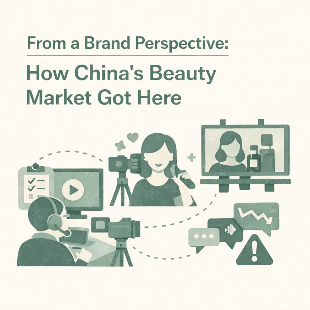 Illustration showing how China’s beauty market evolved from a brand perspective, including traditional advertising, KOL-driven content, and large-scale content production.