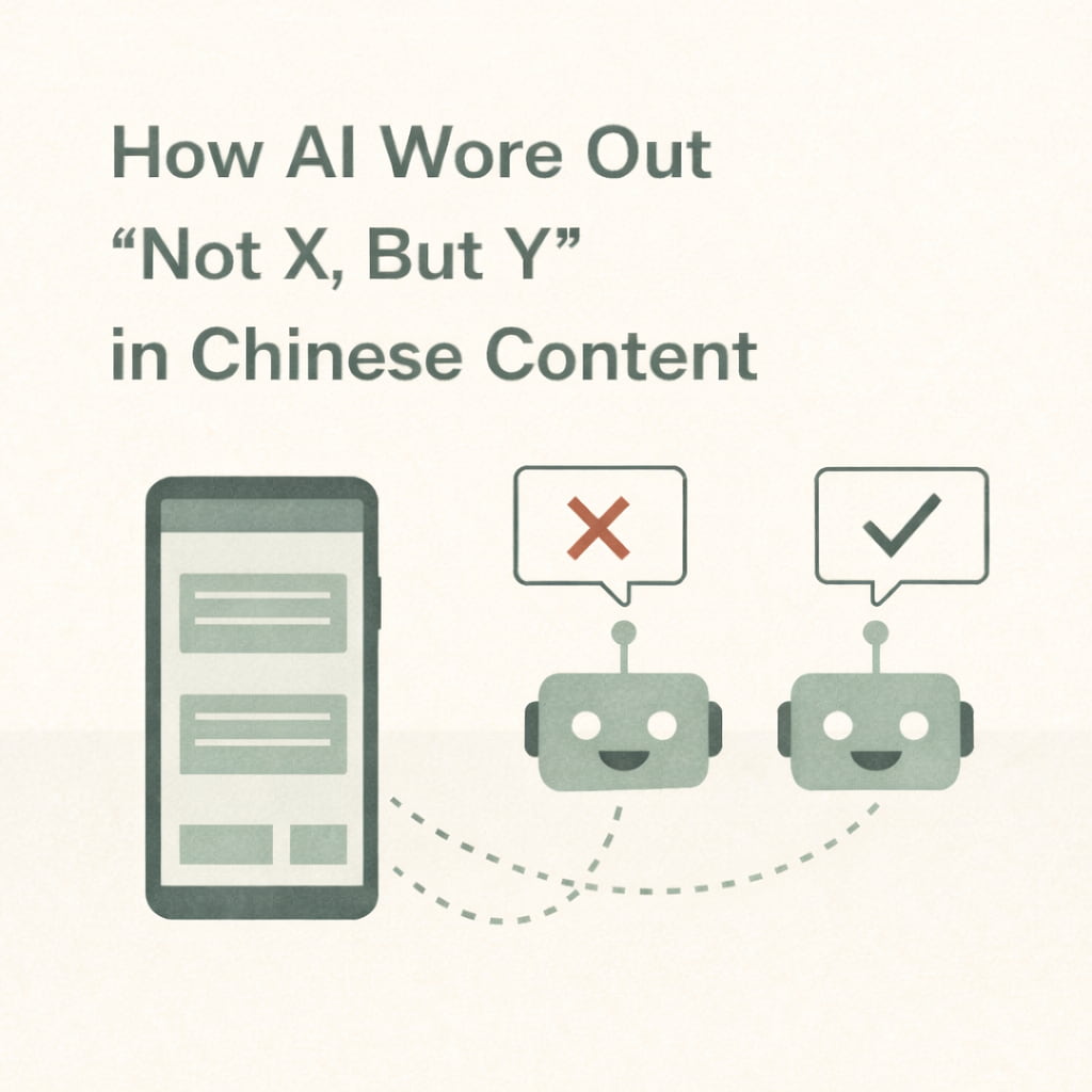 Illustration showing how repeated AI-generated patterns make “Not X, But Y” feel worn out in Chinese content.