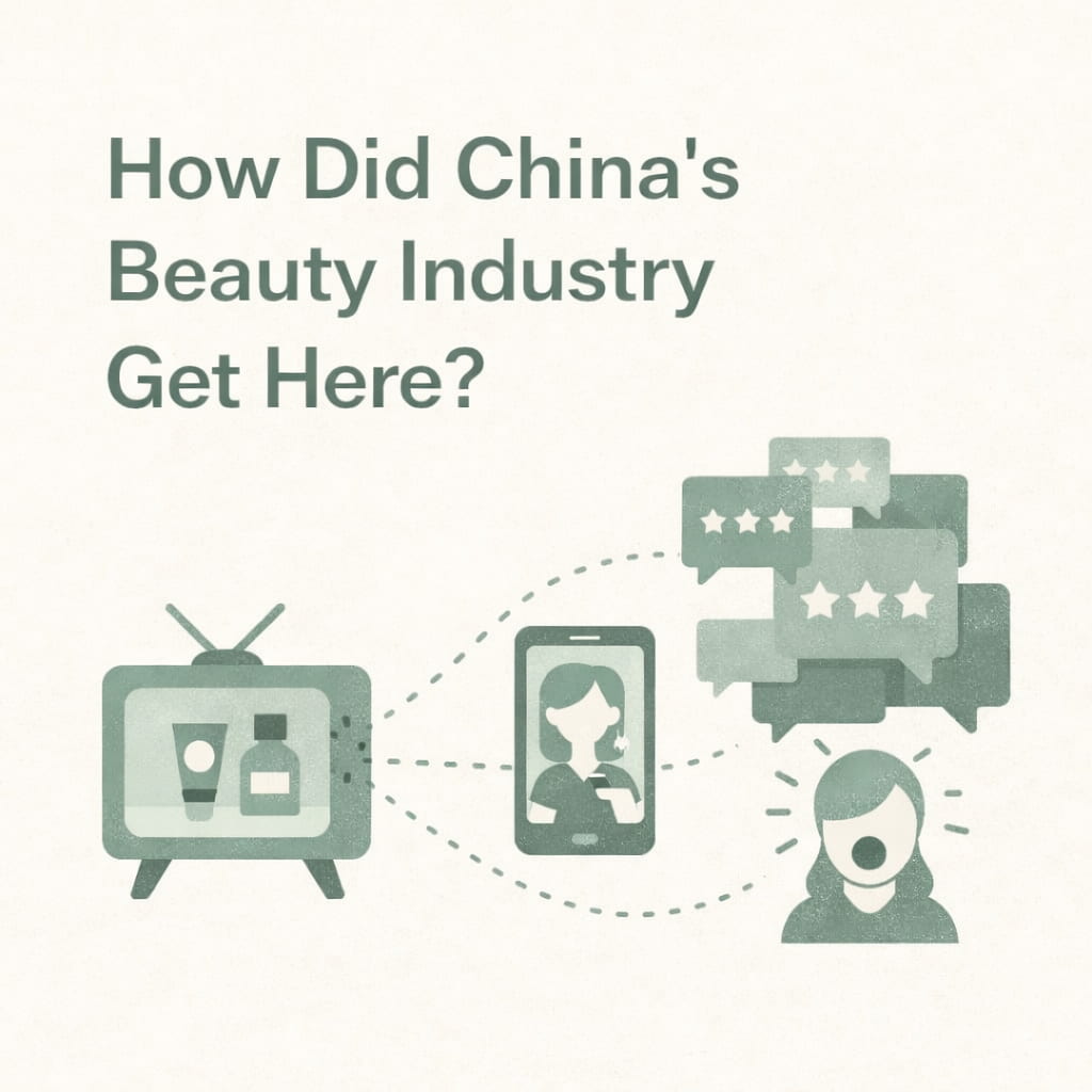 Illustration showing the evolution of China’s beauty industry from traditional advertising to KOL-driven content and information overload
