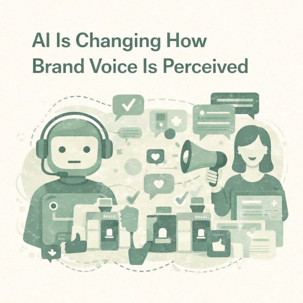 Minimalist square illustration in beige and green showing AI and human figures with speech bubbles, representing how AI is changing brand voice perception.