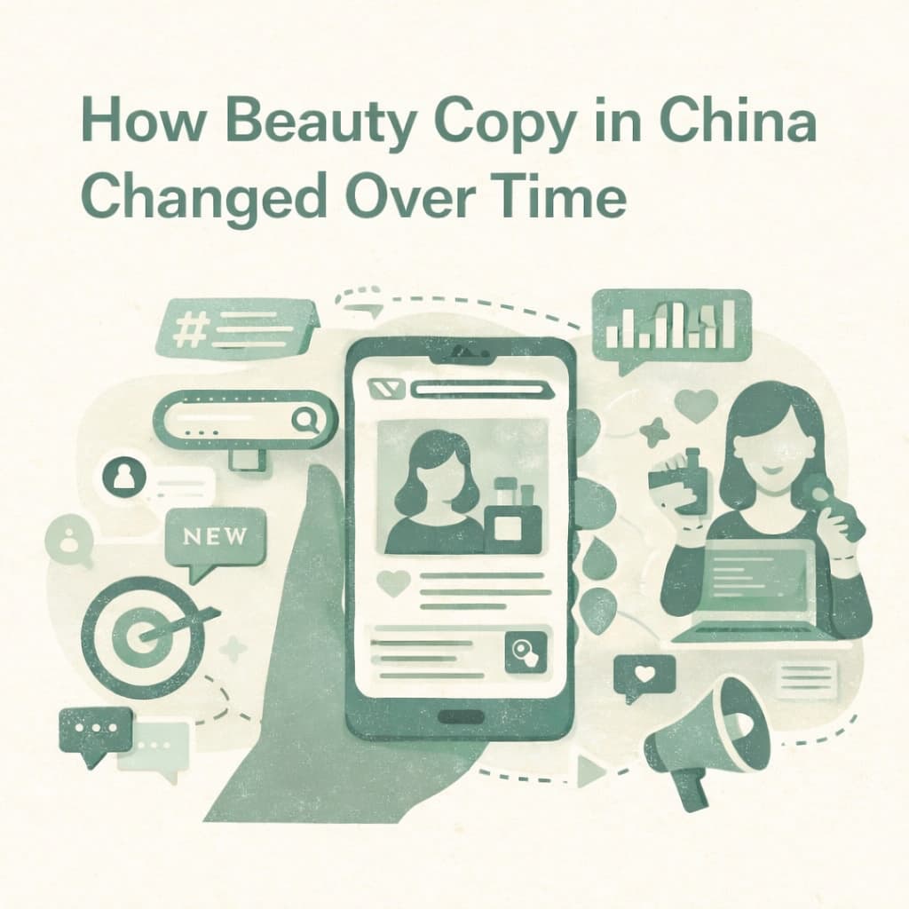 展示中国美妆文案随平台介入而变化的示意图，从品牌主导广告到平台驱动的内容分发。