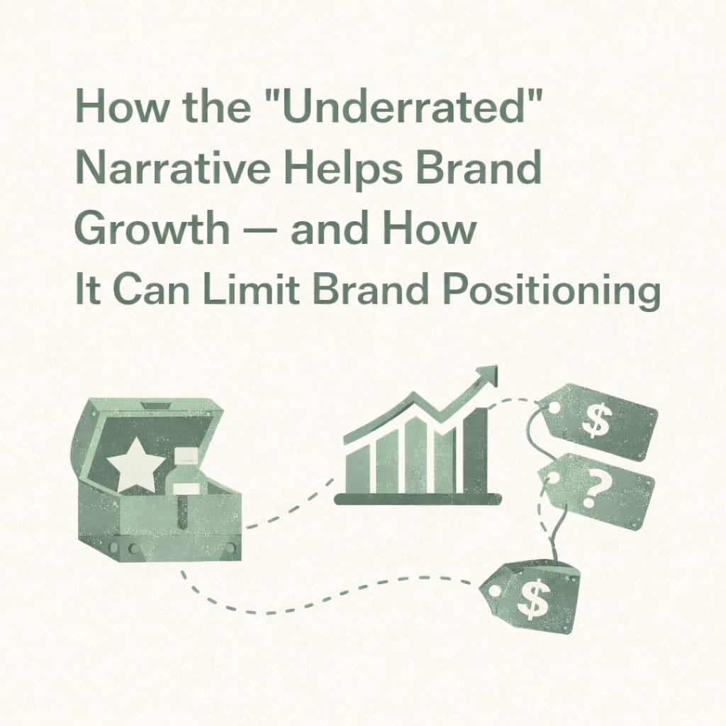绿色扁平风插画，展示“被低估”叙事如何带来品牌增长，同时影响品牌定位与定价能力。